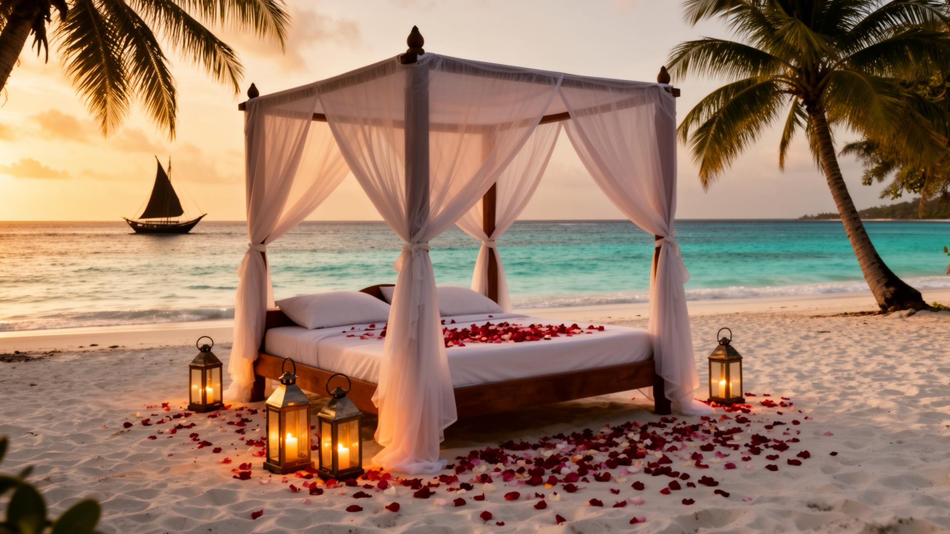 Romantic honeymoon set-up on a Zanzibar beach at sunset